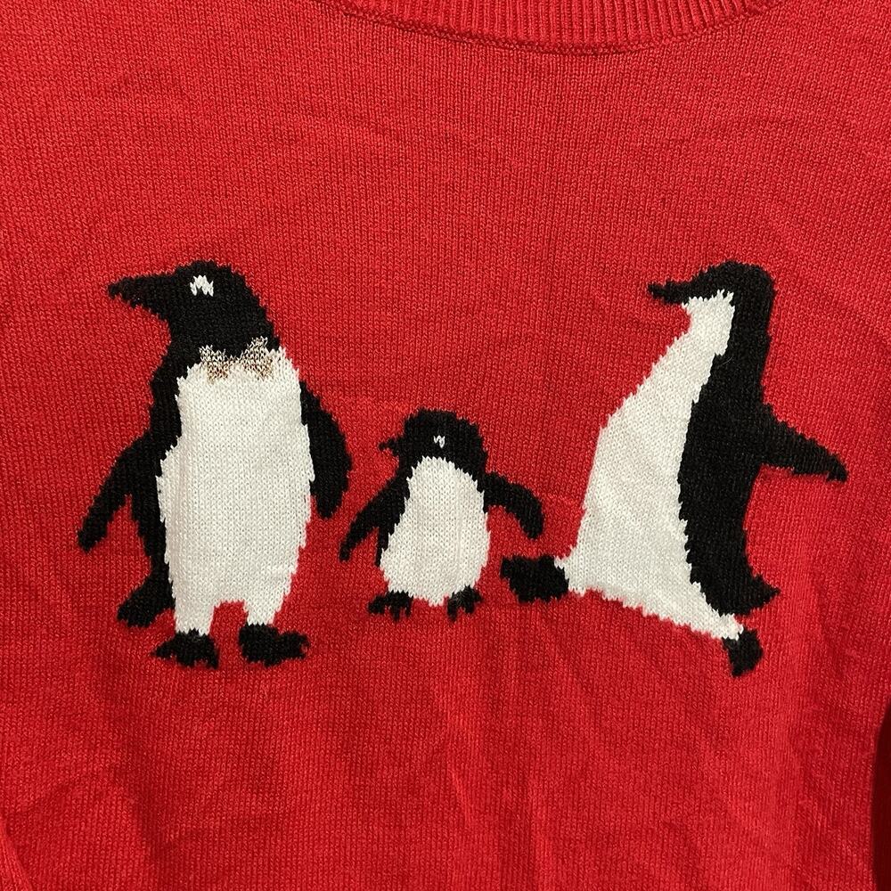 LOFT Womens Penguin Family Knit Sweater Large Red Holiday Winter Novelty Animal - Picture 4 of 5